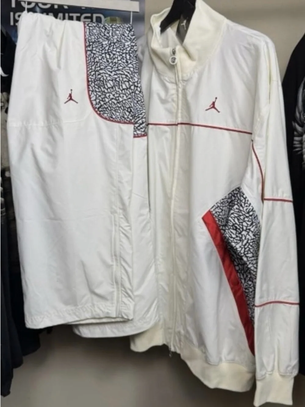 Jordan 3 White Tracksuit with Red Accents and Elephant Print